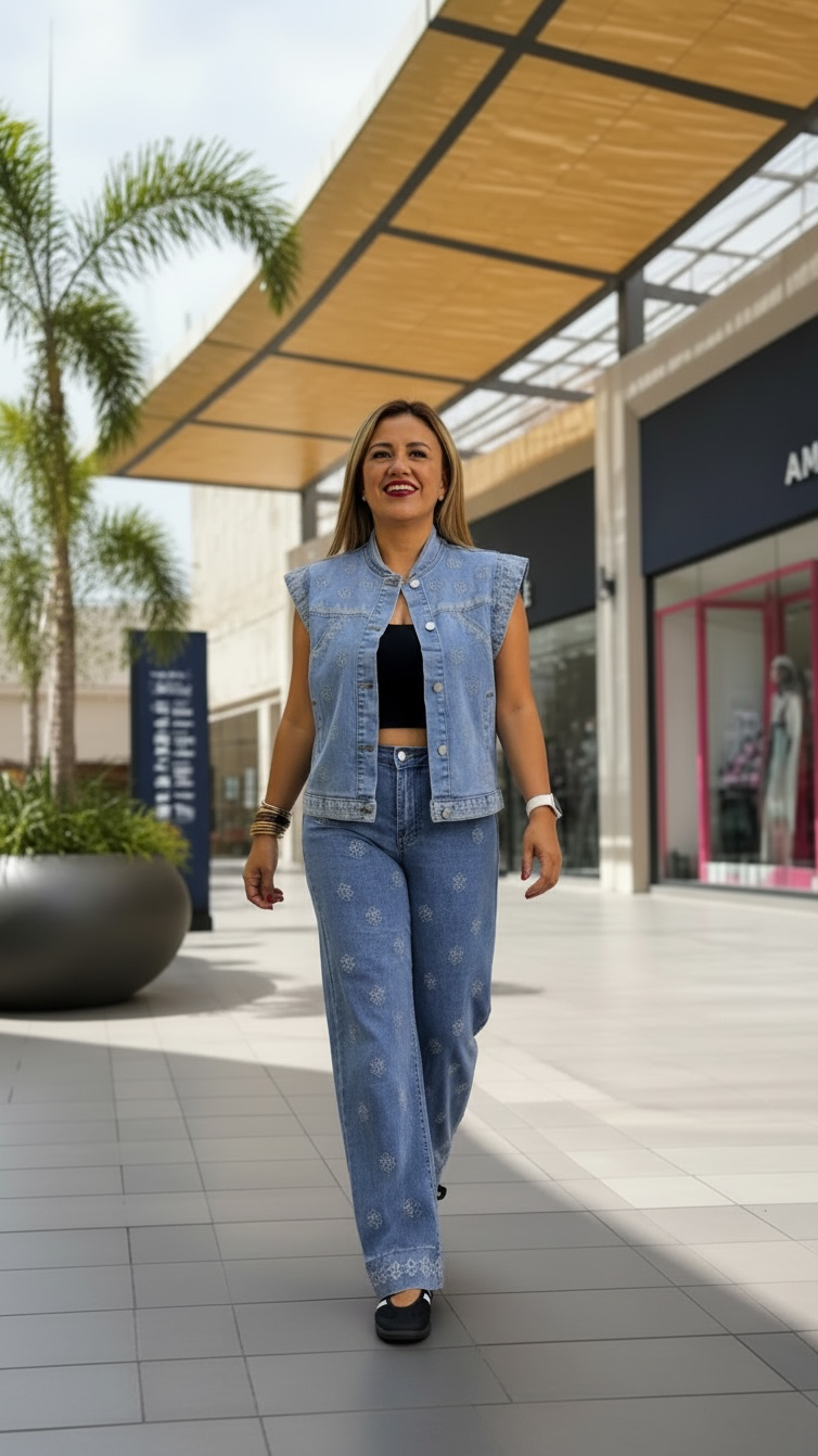 Set de Mezclilla Con Bordados de Chaleco y Jeans